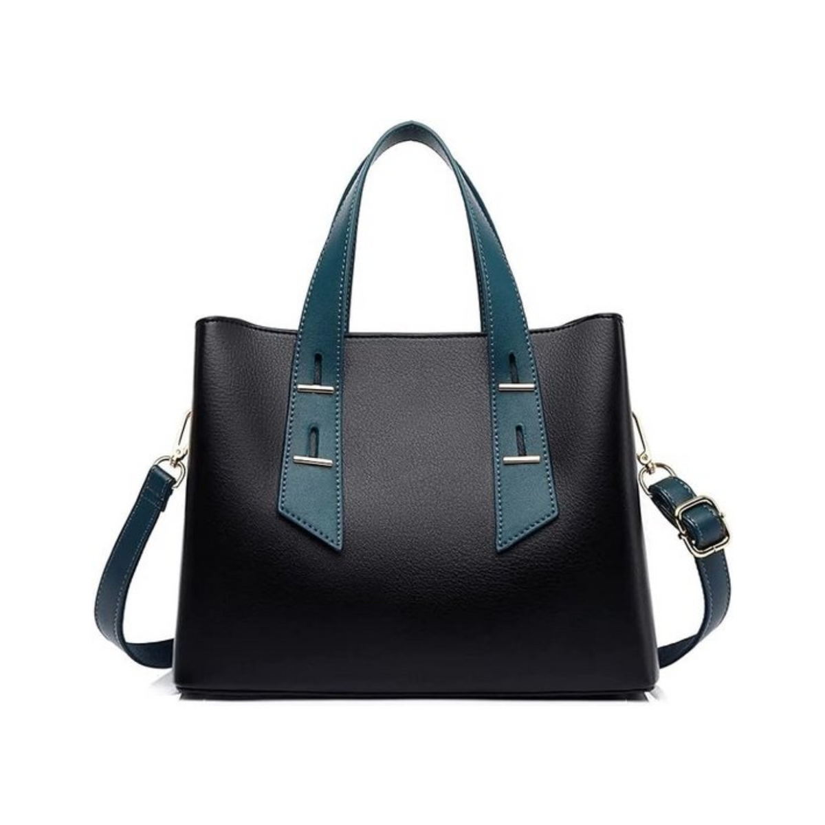 MaberLondon black structured handbag with blue handles and an adjustable blue shoulder strap, front view.