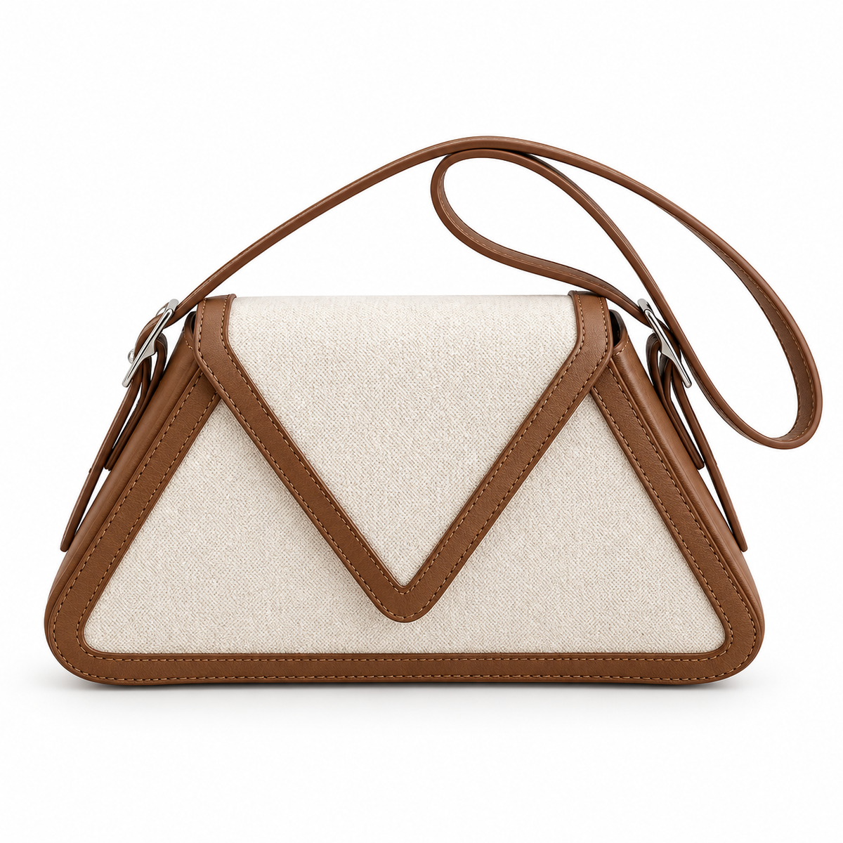 A structured shoulder bag with a triangular envelope design, featuring a textured cream canvas body and smooth brown PU leather trim, strap, and edges, shown on a plain white background.